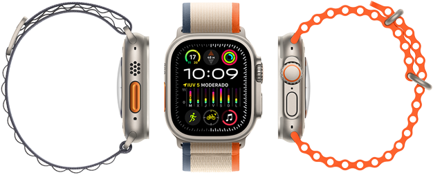 Apple Watch Ultra 2 que muestra que puede combinarse con tres tipos de correas distintas, su gran pantalla, su robusta caja de titanio, el botón Acción naranja y la Digital Crown.