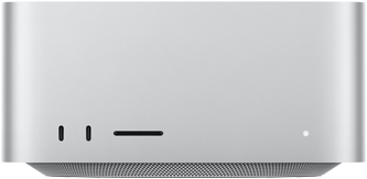 Mac Studio, parte delantera, dos puertos USB-C, ranura para tarjetas SDXC, indicador luminoso de estado, base con diseño cónico, laterales redondeados, bordes rectos, plata