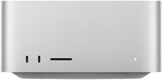 Mac Studio, parte delantera, dos puertos USB-C, ranura para tarjetas SDXC, indicador luminoso de estado, base con diseño cónico, laterales redondeados, bordes rectos, plata