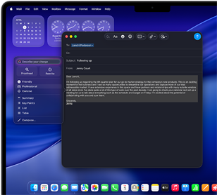 Herramientas de escritura de Apple Intelligence que ayudan a editar un correo electrónico en la pantalla de un MacBook Pro de 14 pulgadas con los widgets de Reloj y Calendario en el fondo