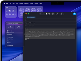 Herramientas de escritura de Apple Intelligence que ayudan a editar un correo electrónico en la pantalla de un MacBook Pro de 14 pulgadas con los widgets de Reloj y Calendario en el fondo