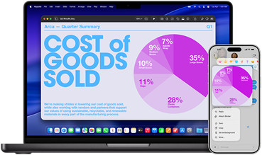 Un MacBook Pro de 14 pulgadas muestra un gráfico circular en una presentación de Keynote, mientras que en un iPhone situado junto a él se muestra el mismo gráfico circular en Mensajes