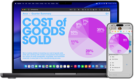 Un MacBook Pro de 14 pulgadas muestra un gráfico circular en una presentación de Keynote, mientras que en un iPhone situado junto a él se muestra el mismo gráfico circular en Mensajes