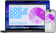 Un MacBook Pro de 14 pulgadas muestra un gráfico circular en una presentación de Keynote, mientras que en un iPhone situado junto a él se muestra el mismo gráfico circular en Mensajes