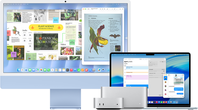 Un iMac de 24 pulgadas, un MacBook Air de 15 pulgadas, un Mac mini y un Mac Studio, colocados uno al lado del otro, ejecutan diversas apps: Freeform, Vista Previa, Calendario y Mensajes