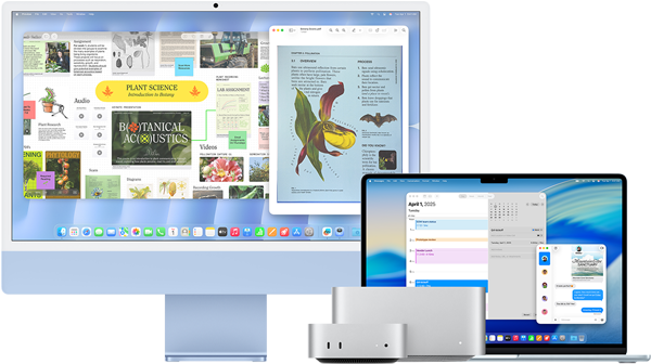 Un iMac de 24 pulgadas, un MacBook Air de 15 pulgadas, un Mac mini y un Mac Studio, colocados uno al lado del otro, ejecutan diversas apps: Freeform, Vista Previa, Calendario y Mensajes