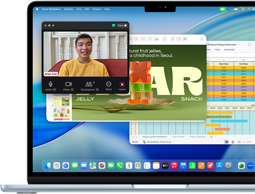 Una presentación de Keynote, una hoja de cálculo de Microsoft Excel y una llamada de Zoom están abiertas al mismo tiempo en un MacBook Air de 13 pulgadas