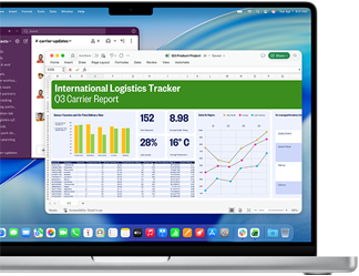 Una hoja de cálculo de Microsoft Excel muestra datos organizados en gráficos, diagramas y una tabla junto a una ventana de chat de Slack en un MacBook Pro de 14 pulgadas