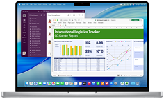 Una hoja de cálculo de Microsoft Excel muestra datos organizados en gráficos, diagramas y una tabla junto a una ventana de chat de Slack en un MacBook Pro de 14 pulgadas