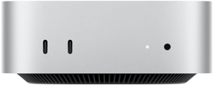 Mac mini, vista frontal, carcasa en plata, dos puertos USB-C, botón de encendido, luz de estado, rejilla de ventilación en la parte inferior