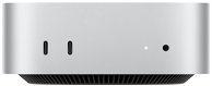 Mac mini, vista frontal, carcasa en plata, dos puertos USB-C, botón de encendido, luz de estado, rejilla de ventilación en la parte inferior