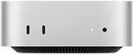Mac mini, vista frontal, carcasa en plata, dos puertos USB-C, botón de encendido, luz de estado, rejilla de ventilación en la parte inferior