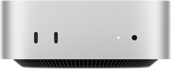 Mac mini, vista frontal, carcasa en plata, dos puertos USB-C, botón de encendido,  luz de estado, rejilla de ventilación en la parte inferior