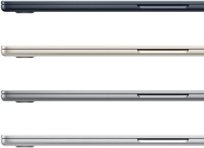 Cuatro portátiles MacBook Air muestran los acabados disponibles: color medianoche, blanco estrella, gris espacial y plata