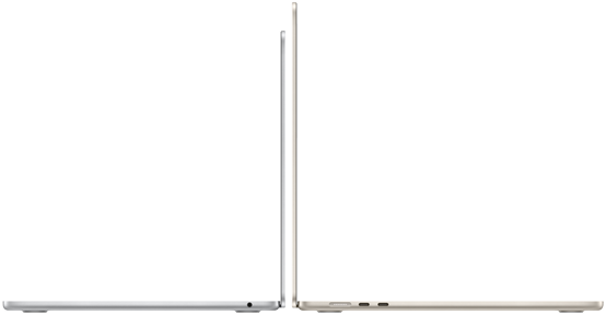 Modelos del MacBook Air de 13 y 15 pulgadas abiertos y colocados uno contra otro