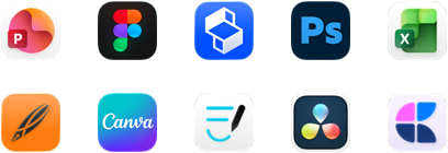 Diez iconos de apps en dos filas: PowerPoint, Figma, Shapr3D, Photoshop, Excel, Linearity, Canva, GoodNotes, DaVinci Resolve y Craft