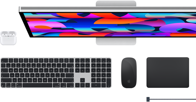 Accesorios para el Mac: AirPods, Studio Display, Magic Keyboard, Magic Mouse, Magic Trackpad y cable de carga MagSafe