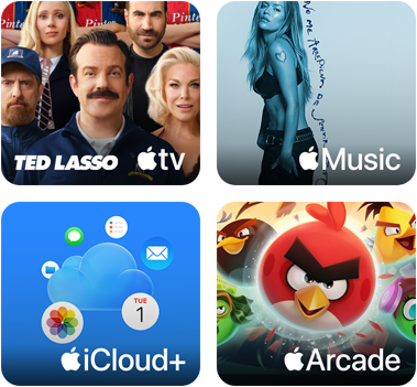 Recuadros de Apple One: Apple TV, Apple Music, iCloud+ y Apple Arcade
