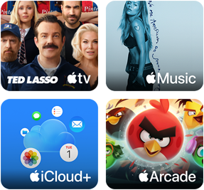 Recuadros de Apple One: Apple TV, Apple Music, iCloud+ y Apple Arcade