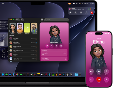 MacBook Pro y iPhone, app Teléfono abierta, mismo contacto en ambas pantallas