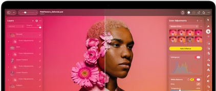 Pantalla de un MacBook Pro con la foto de una persona siendo editada en Pixelmator Pro