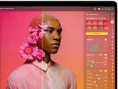 Pantalla de un MacBook Pro con la foto de una persona siendo editada en Pixelmator Pro