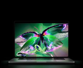 MacBook Pro con pantalla PROLED XDR, tapa abierta, color plata, la pantalla muestra una imagen detallada de alto contraste con colores vivos, la pantalla ilumina el teclado