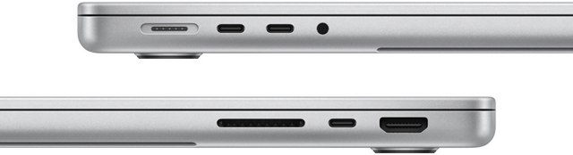 Vistas laterales de un MacBook Pro de 14 pulgadas con chip M3 Pro en las que se aprecian sus conexiones: el puerto MagSafe, dos puertos Thunderbolt 4 y la toma para auriculares en el lado izquierdo, y la ranura para tarjetas SDXC, un puerto Thunderbolt 4 y el puerto HDMI en el lado derecho