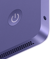 iMac, parte trasera, color púrpura, prestaciones: botón de encendido, toma para auriculares y rejilla del altavoz