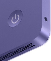 iMac, parte trasera, color púrpura, prestaciones: botón de encendido, toma para auriculares y rejilla del altavoz