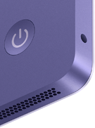 iMac, parte trasera, color púrpura, prestaciones: botón de encendido, toma para auriculares y rejilla del altavoz