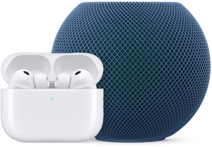 AirPods Pro en un estuche de carga abierto, color blanco, HomePod mini, color azul