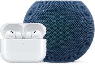 AirPods Pro en un estuche de carga abierto, color blanco, HomePod mini, color azul