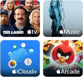 Recuadros de Apple One: Apple TV, Apple Music, iCloud+ y Apple Arcade
