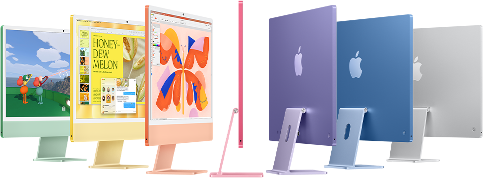 Siete modelos de iMac en verde, amarillo, naranja, rosa, púrpura, azul y plata dispuestos en forma de acordeón