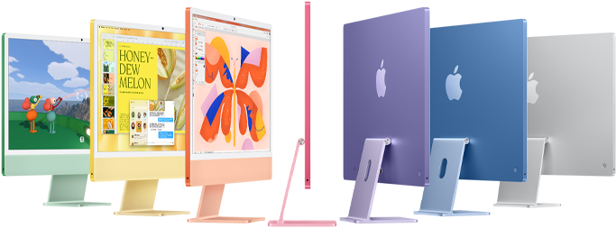 Siete modelos de iMac en verde, amarillo, naranja, rosa, púrpura, azul y plata dispuestos en forma de acordeón