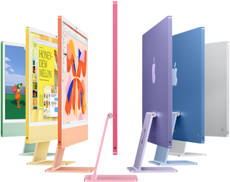 Siete modelos de iMac en verde, amarillo, naranja, rosa, púrpura, azul y plata dispuestos en forma de acordeón