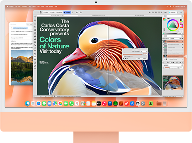 iMac, parte delantera, color naranja, muestra una app de edición de imágenes con herramientas de IA y la app Mail en segundo plano