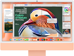 iMac, parte delantera, color naranja, muestra una app de edición de imágenes con herramientas de IA y la app Mail en segundo plano