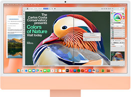 iMac, parte delantera, color naranja, muestra una app de edición de imágenes con herramientas de IA y la app Mail en segundo plano