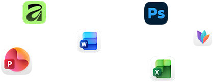 Varios iconos de apps flotando en la pantalla, como Microsoft Word, Adobe Photoshop, Canva y Figma