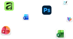 Varios iconos de apps flotando en la pantalla, como Microsoft Word, Adobe Photoshop, Canva y Figma