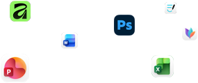 Varios iconos de apps flotando en la pantalla, como Microsoft Word, Adobe Photoshop, Canva y Figma