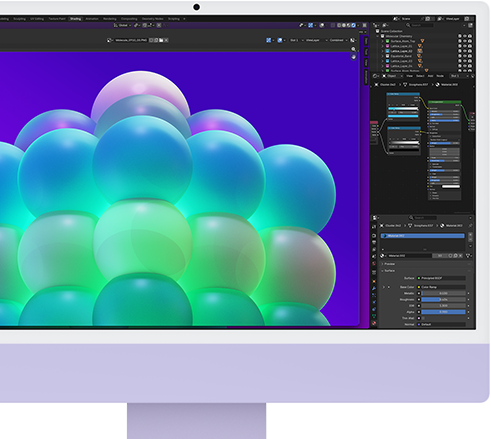 iMac, parte delantera, color púrpura, la pantalla muestra una estructura de burbujas de colores en una app de edición de imágenes
