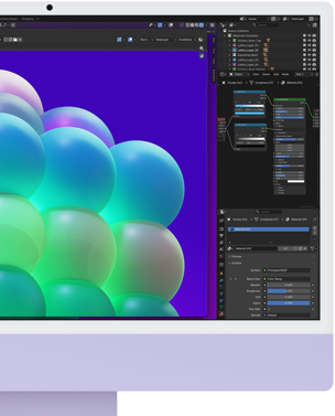 iMac, parte delantera, color púrpura, la pantalla muestra una estructura de burbujas de colores en una app de edición de imágenes