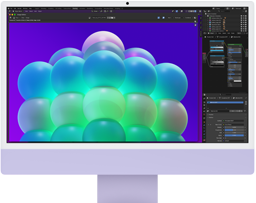 iMac, parte delantera, color púrpura, la pantalla muestra una estructura de burbujas de colores en una app de edición de imágenes