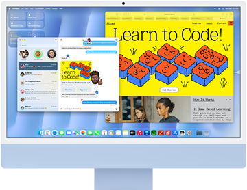iMac, parte delantera, color azul, muestra la app Mensajes y un sitio web de Aprende a programar
