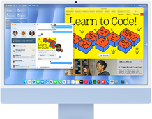 iMac, parte delantera, color azul, muestra la app Mensajes y un sitio web de Aprende a programar