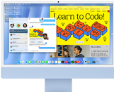 iMac, parte delantera, color azul, muestra la app Mensajes y un sitio web de Aprende a programar