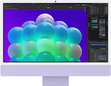 iMac, parte delantera, color púrpura, la pantalla muestra una estructura de burbujas de colores en una app de edición de imágenes